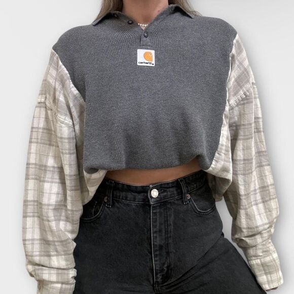 Carhartt Gray Reworked Sweater Loose Knit Casual Cozy Relaxed Flannel Shirt Top - Picture 2 of 2